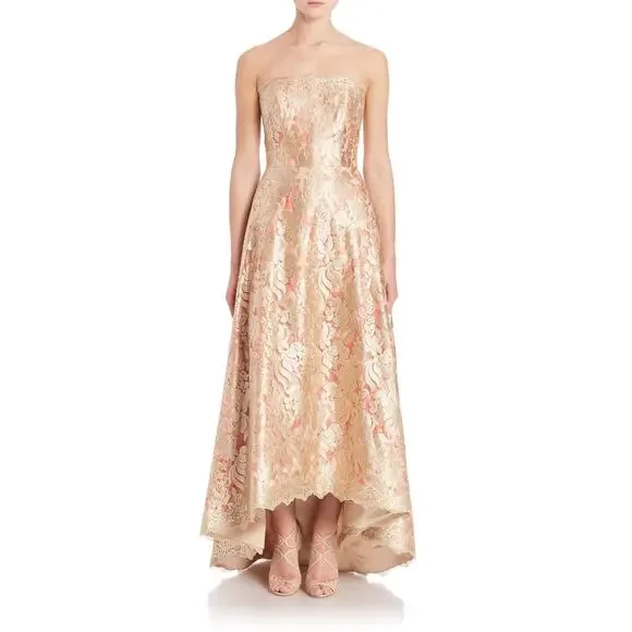 Theia Couture Strapless Gold Embroidery Overlay Scalloped Train Gown SZ 8 - Picture 2 of 10